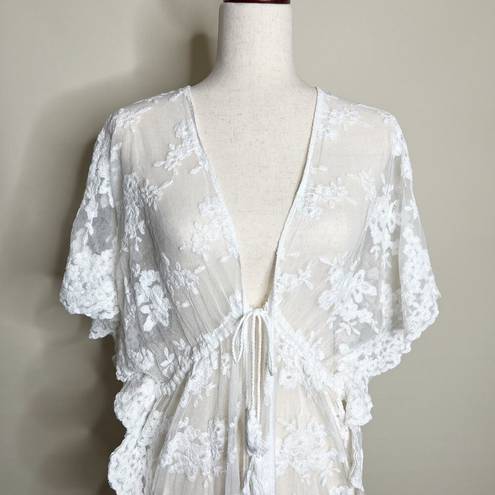 Edge UNBRANDED | Floral Lace Kimono Sleeve Cover Up White Scalloped  Tie Waist OS