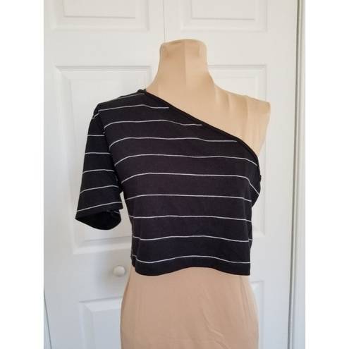 The Range  Striped Bare Shoulder T-Shirt Crop Top Horizontal Stripe Black Size XS