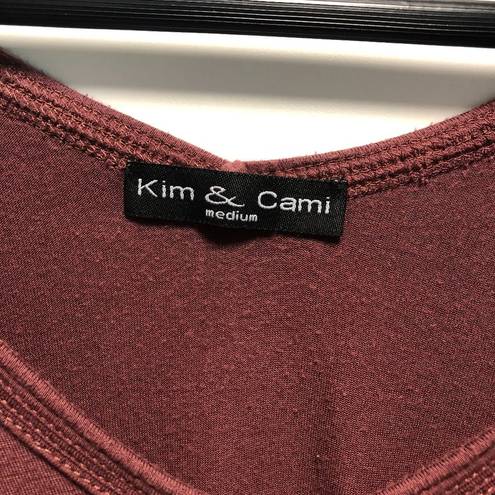 Kim And Cami  Tie Front 3/4 Sleeve Tee Maroon medium