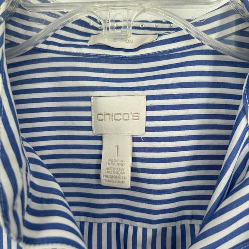 Chico's  1 Size M No Iron Button Front Tunic Top Blue Stripe Bedazzled Collar