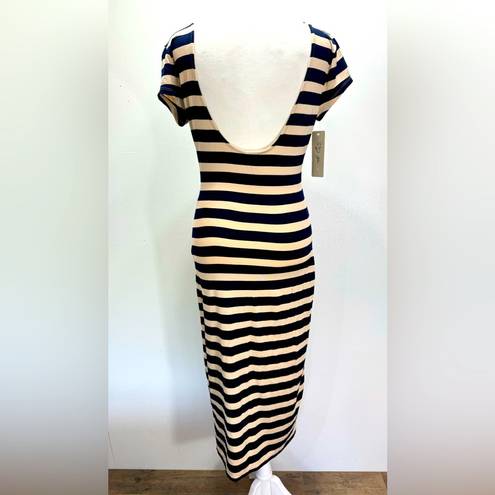 RD Style NEW  Navy & Beige Striped Open Back Cap Sleeve Fitted Maxi Dress Small