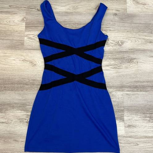 One Clothing Blue with Black Crossed Stripes Sleeveless Zip Back Dress Small