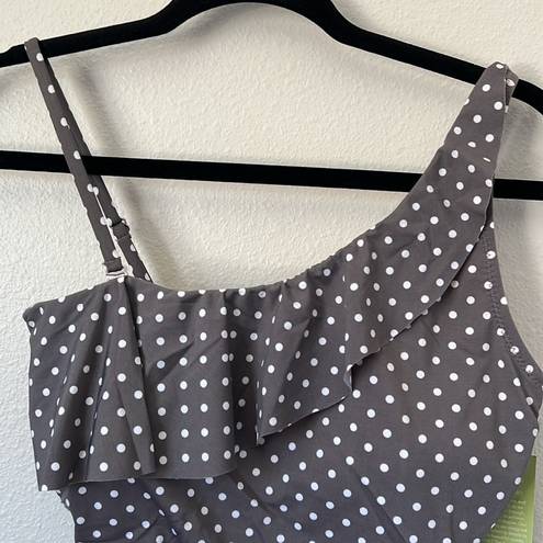 Garnet Hill NWT  Asymmetric One Shoulder Ruffle Polka Dot Grey Swimsuit Ruching 8