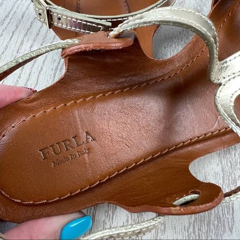 Furla  Carmen Leather Vitello Sparkling Sandals 36 Gold & Cognac $365 Italy