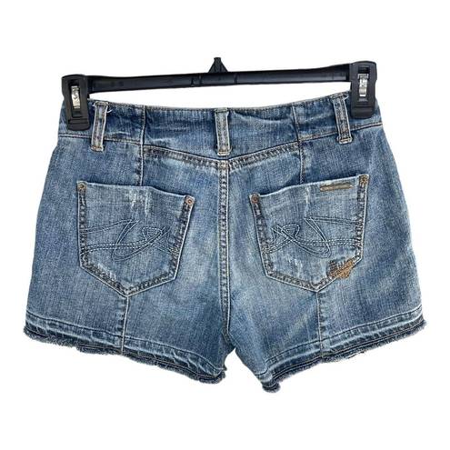 DKNY  SZ 4 Jean Shorts Distressed Frayed Hems Medium Wash Mid-Rise Pockets Blue