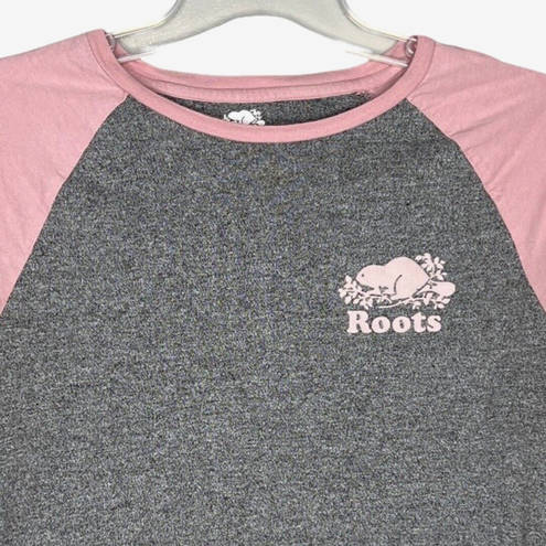 Roots  Shirt Womens Small Gray Pink Raglan Baseball Tee Sporty Casual Versatile