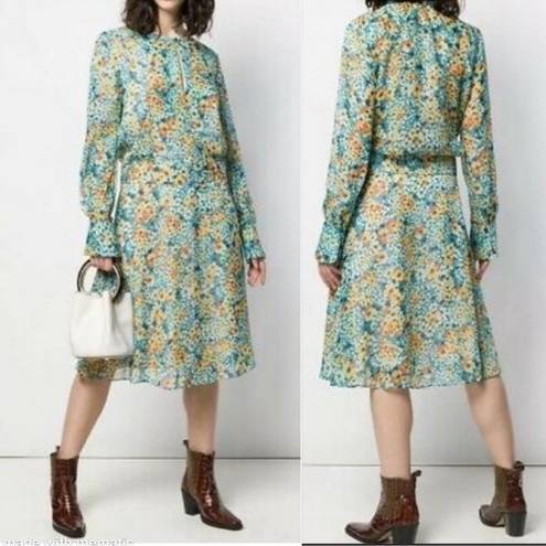 Equipment  Femme Silk Magnolia Fountain Bleu Floral Midi Dress Size 4