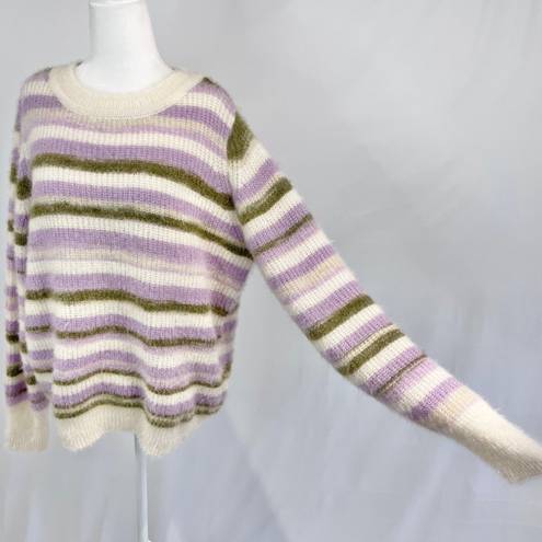 VERO MODA New  Grace Stripe Sweater Fuzzy Crewneck Pullover Birch Purple