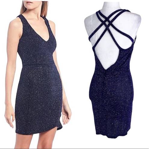 Midnight Doll  V-Neck Strappy Back Glitter Ruched Bodycon Dress Navy 3 Junior NWT