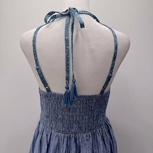 Flying Tomato NEW  Denim Blue Striped Paisley & Lace Ruched Back Halter Dress M