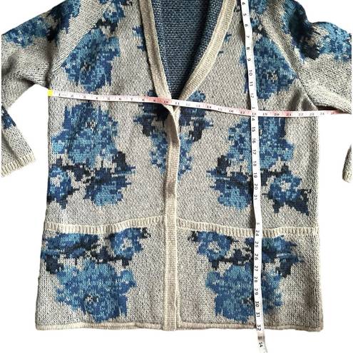 J.Jill  Cardigan Womens Large Gray Blue Floral Wool Blend Long Tunic Sweater