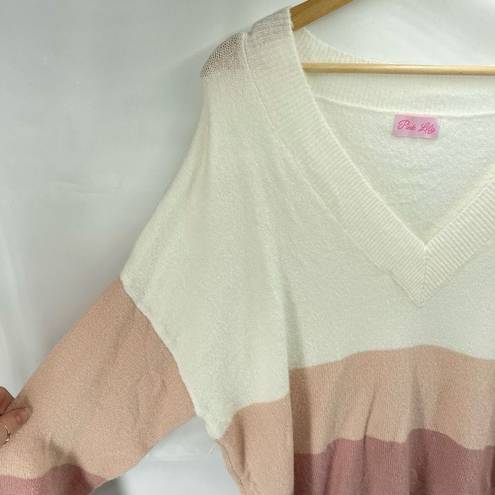 Pink Lily  striped Pullover Sweater Long Sleeve V Neck Color Block Beige Large NW