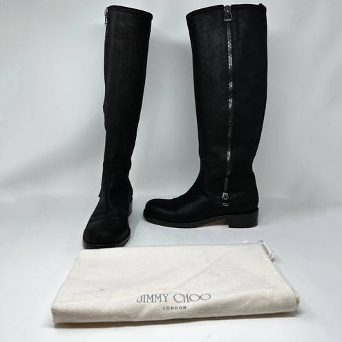 Jimmy Choo  Doreen Rugged Leather Knee High Zipper Detail Boots Shoes Black 8.5