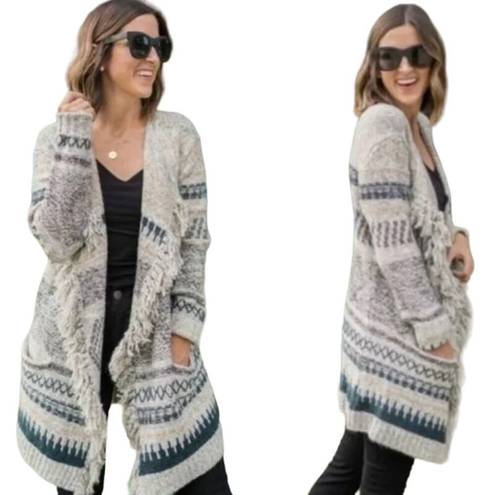 CAbi  Shetland Fringed Cardigan Sweater Open Front Longline Duster Gray Cream XXS