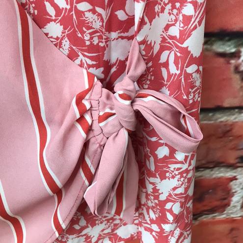 Bobeau Coral and White  Striped with Floral Print Wrap Sleeveless Blouse