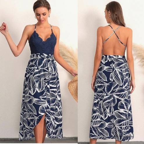 Blooming Jelly  Deep V Neck Sleeveless Asymmetrical Floral Maxi Dress Navy White