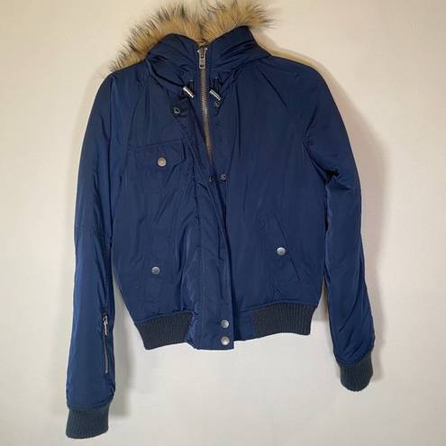 American Eagle  Blue Puffer Jacket with Faux Fur Hood