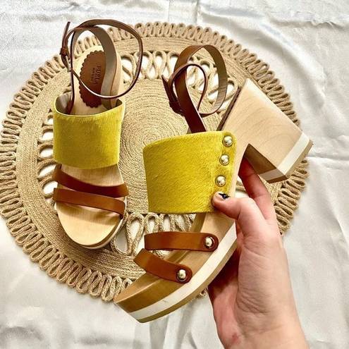 Furla  Yellow Calfhair Brown Leather Gina Wooden Clog Sandal Size 38