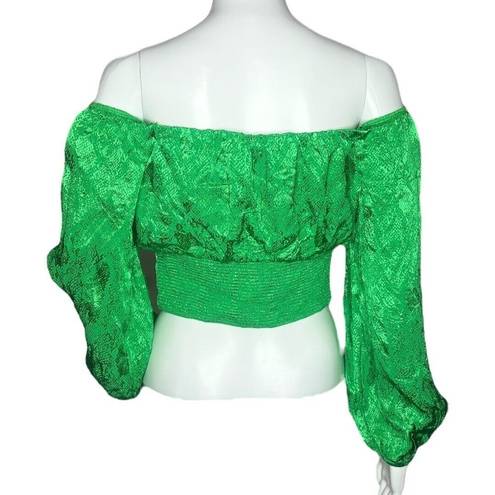 J.O.A. AFRM Women's Top Fem Green Satin Long Sleeve Crop Top Revolve Size Small