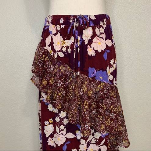 Mossimo Burgundy Floral Ruffle Midi Skirt Size M