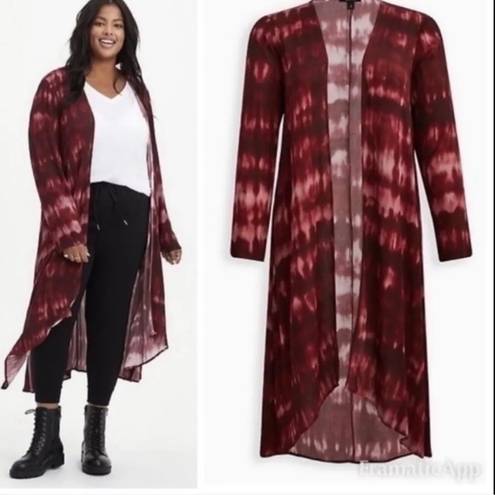 Torrid Women's  Wine Tie Dye Gauze Kimono Cardigan Size 4 Red Long Sleeve EUC