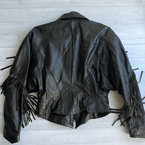 Vintage 80s Oversized Black Leather Fringe Jacket M Size M