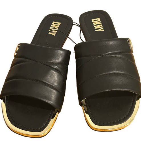 DKNY  Logo Flat Slides Womens Size 9M Black Gold Accents Square Toe Faux Leather