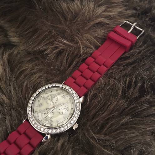 Ladies red soft silicone band rhinestone watch