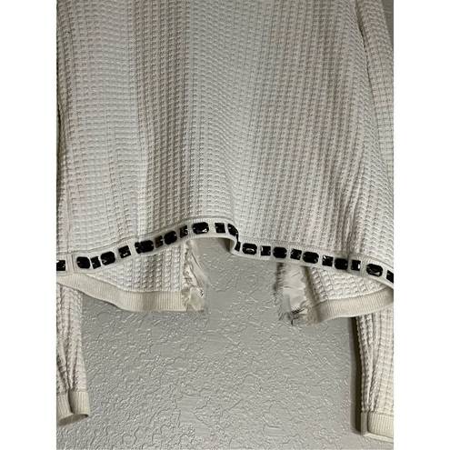 CAbi  Cardigan Sweater Womens M Ivory Gabrielle #284 Beaded Ruffles Waffle Knit
