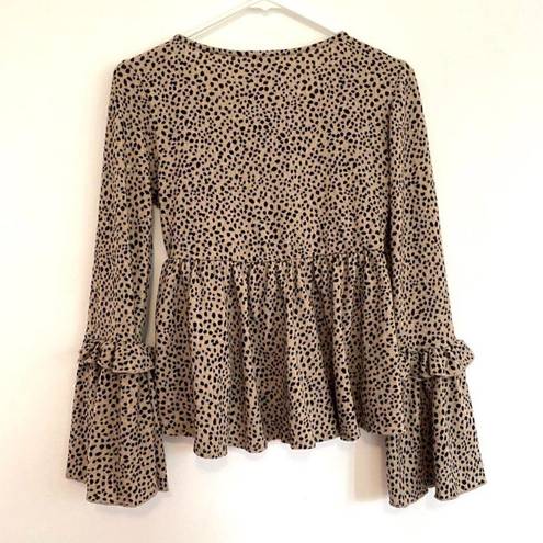 Peach Love California NEW NWT  Tan Brown Black Dotted Long Bell Sleeve Blouse S