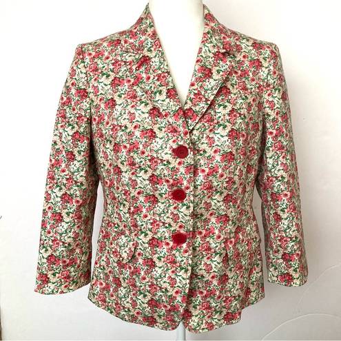 Talbots  Floral Pink Green Jacket Blazer Watercolor Rose 3/4 Sleeves Size 10