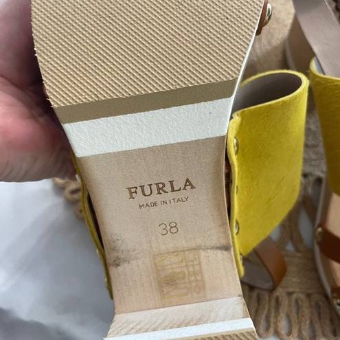 Furla  Yellow Calfhair Brown Leather Gina Wooden Clog Sandal Size 38