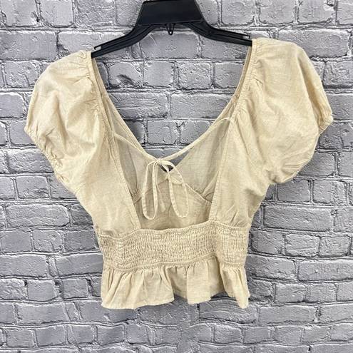 Sim & Sam  Crop Halter Top Beige Linen Blend Puff Sleeve Smocked Size XL