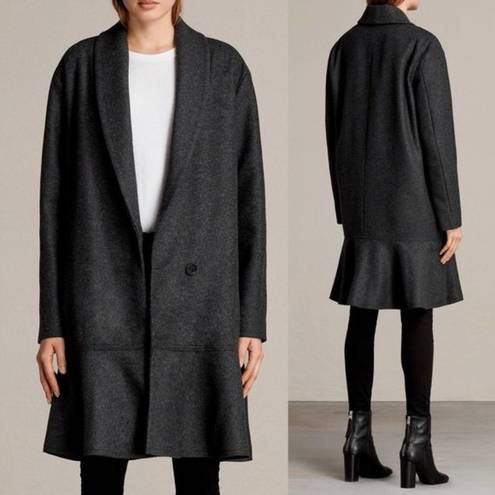 ALLSAINTS NWT  Charcoal Gray Grace Ruffle Wool Coat