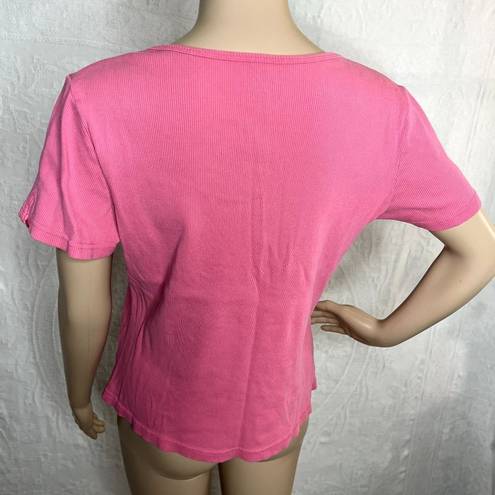 Petite Sophisticate Pink Ribbed Button Short Sleeve Tee