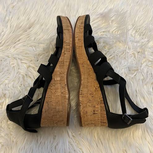 Eileen Fisher  Black Leather Gladiator Wedge Sandals