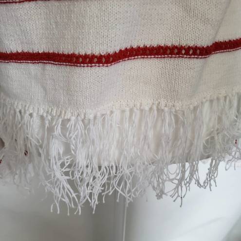 W By Worth  Womens Sweater Size S Stripe Fringe Open Knit White Red Long Sleeve