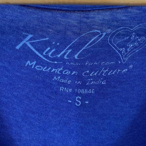 Kuhl  Organic Cotton Jersey Knit Salza Dress Ruched Bodice Tie Belt V Neck Blue S