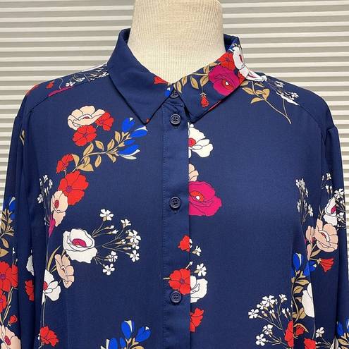 Popsugar  Blue Floral Print Long Sleeve Button Down Blouse Size 1X