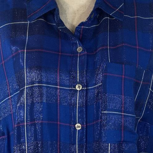 Style & Co  2X-Large Button-Up Top Plaid Metallic Accent Pocket Long Sleeve Blue