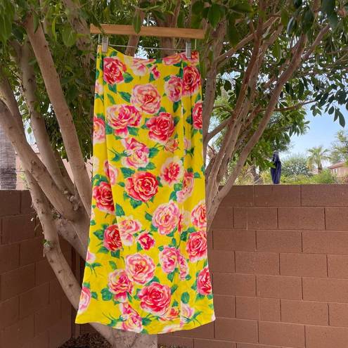 Jams World Vintage  Skirt Small Yellow Pink Floral Draped Maxi Rose Hawaiian