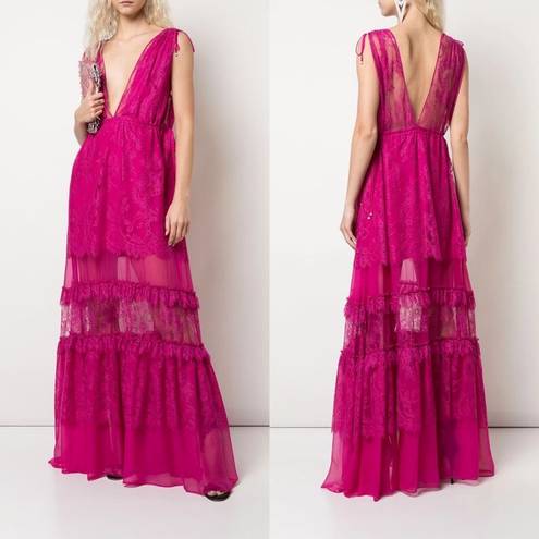 Alexis Dress Umbria Tiered Lace Tulle Silk Maxi Wedding Pink Fuchsia XS GUC