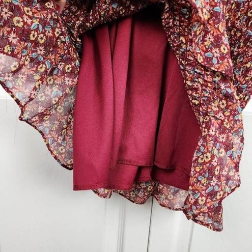 The Row  A Burgundy Floral Long Sleeve Ruffle Smoked Dress Long Sleeve Size L