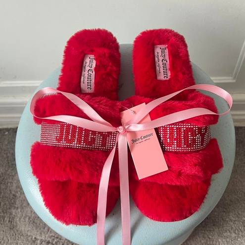 Juicy Couture fur slippers red silver rhinestone brand new y2k