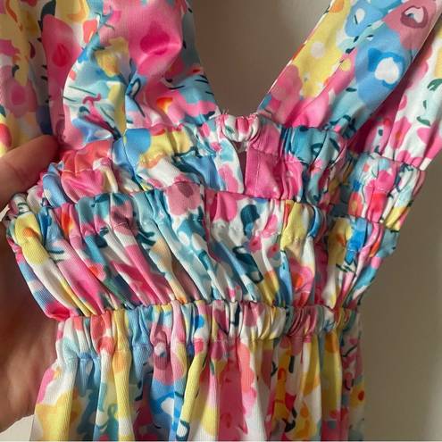 J'Adore Halter Deep V Mini Dress in Blue/Pink Watercolor Floral Size L