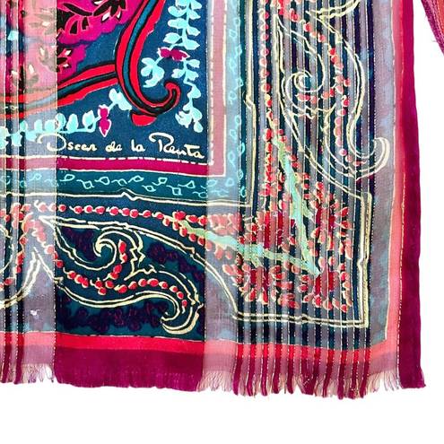 Oscar de la Renta Vintage Paisley Metallic Gold Silk Fringe Long Scarf