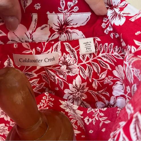 Coldwater Creek  red white Hawaiian floral shaped button down shirt NEW M petite