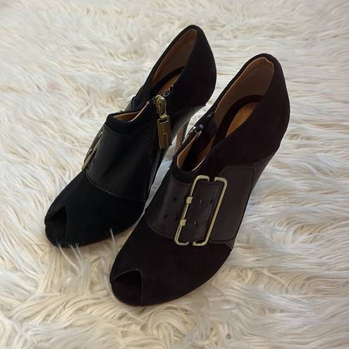 L.A.M.B. Black Suede Leather Peep Toe Pumps