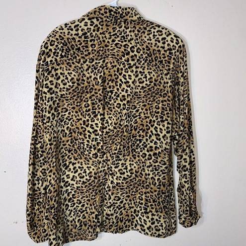 Maggy London Vintage  100% Silk Blouse Brown Animal Print Button Down Size 14