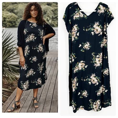 J.Jill  Womens Beachy Vacation Floral Printed V-Neck Midi Dress Size L Black